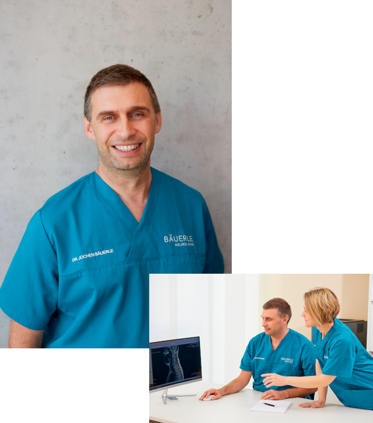 Erstes Foto: Dr. Jochen Bäuerle Portraitfoto; Zweites Foto: Dr. Bäuerle mit Arzthelferin an einem Schreibtisch
